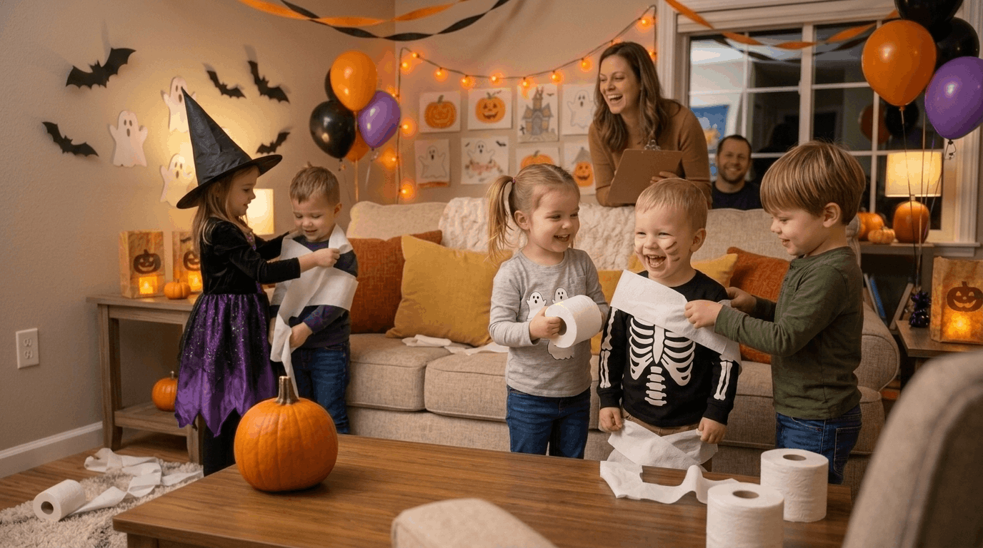 Kids playing mummy wrap Halloween party game