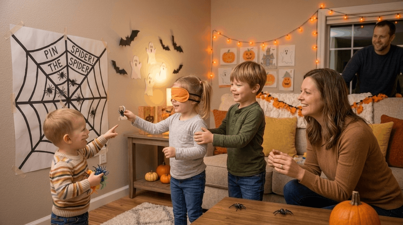 Kids playing pin the spider Halloween party game