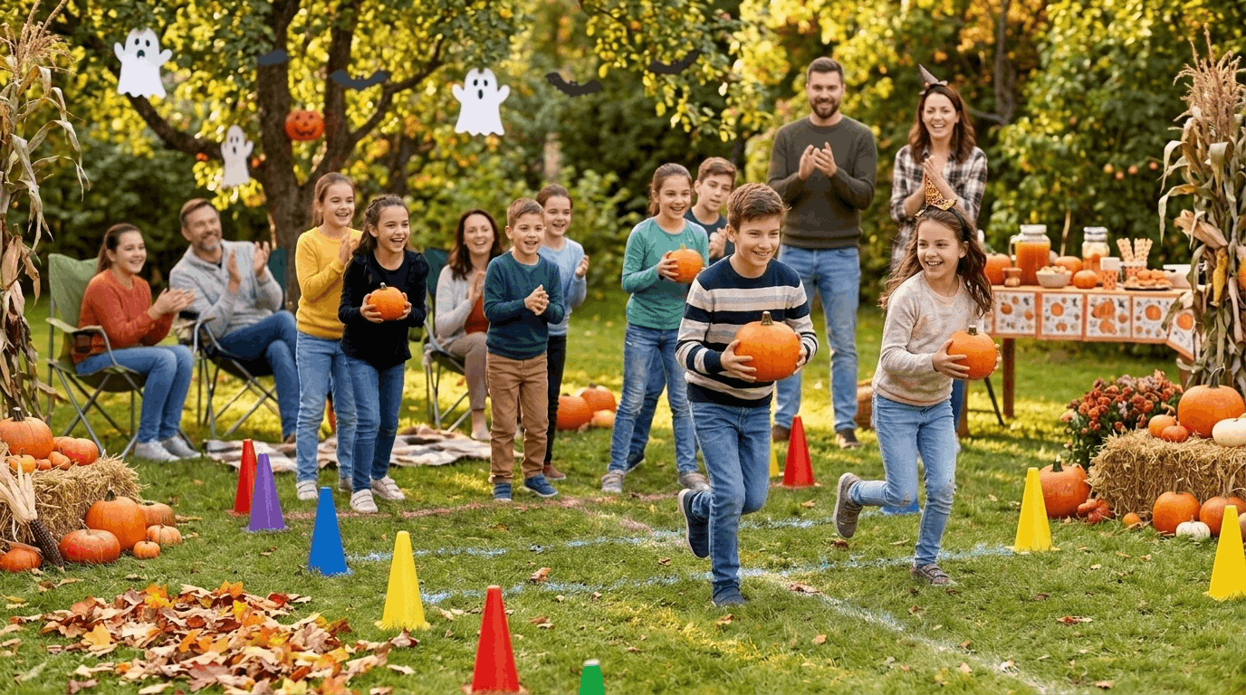 Kids playing pumpkin relay race during Halloween celebration
