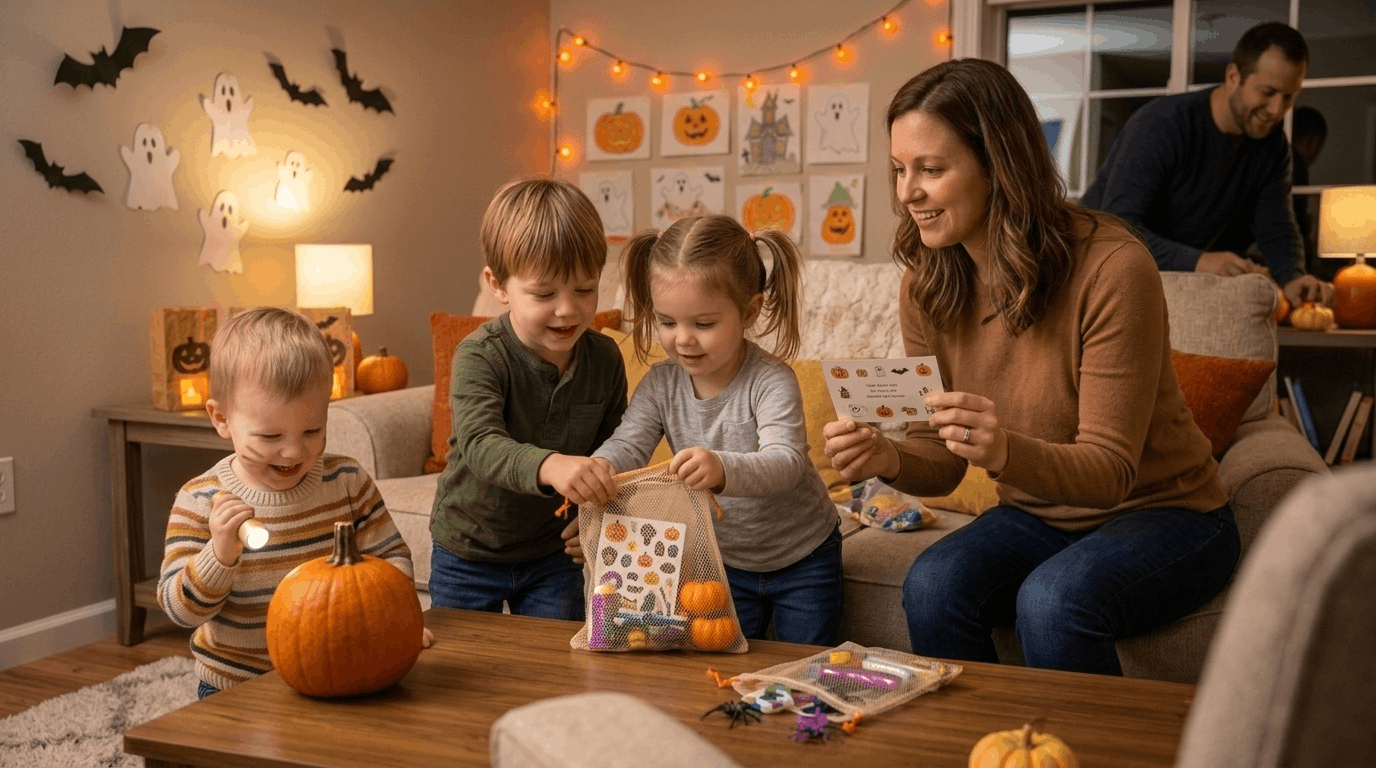 Kids searching for hidden Halloween treasure at home