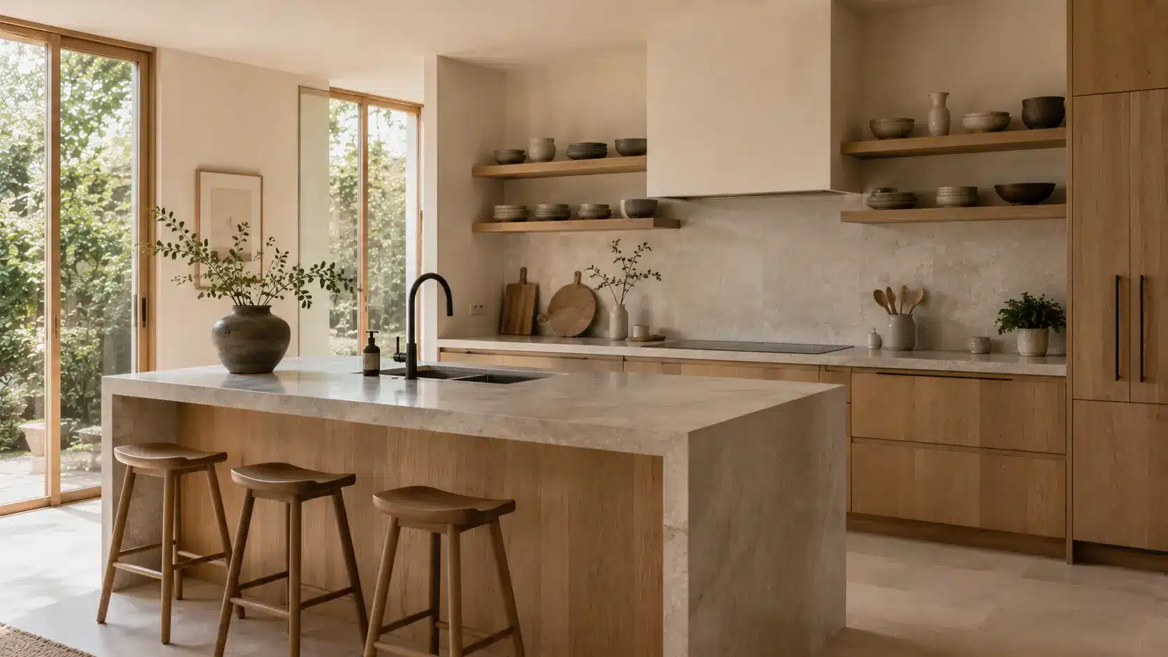 Japandi kitchen with wood cabinets, stone island, open shelves, minimalist decor, and large windows overlooking greenery.
