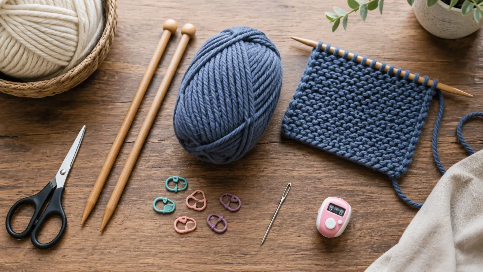 Beginner knitting kit with wooden needles, blue yarn, scissors, stitch markers, tapestry needle, row counter, and knitted sample.
