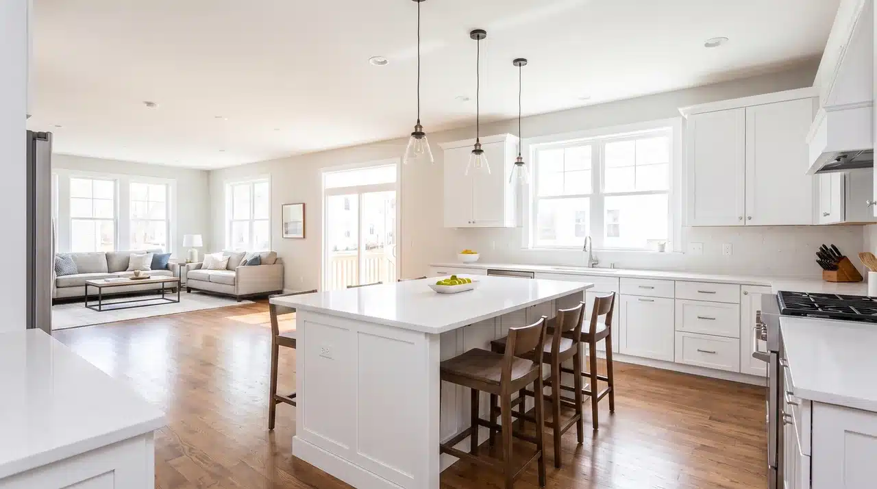 L-shaped open kitchen with island and hardwood floors