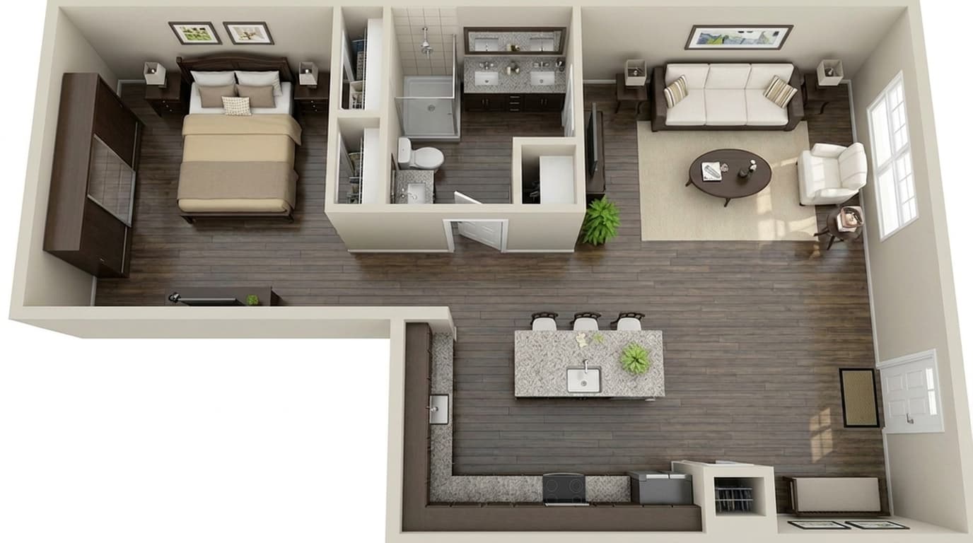 L-shaped studio apartment layout with separate sleeping zone and open living area.