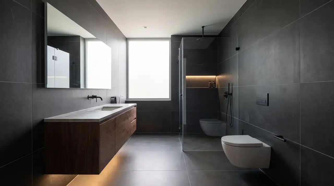 large dark tiles with fewer grout lines for dark bathroom