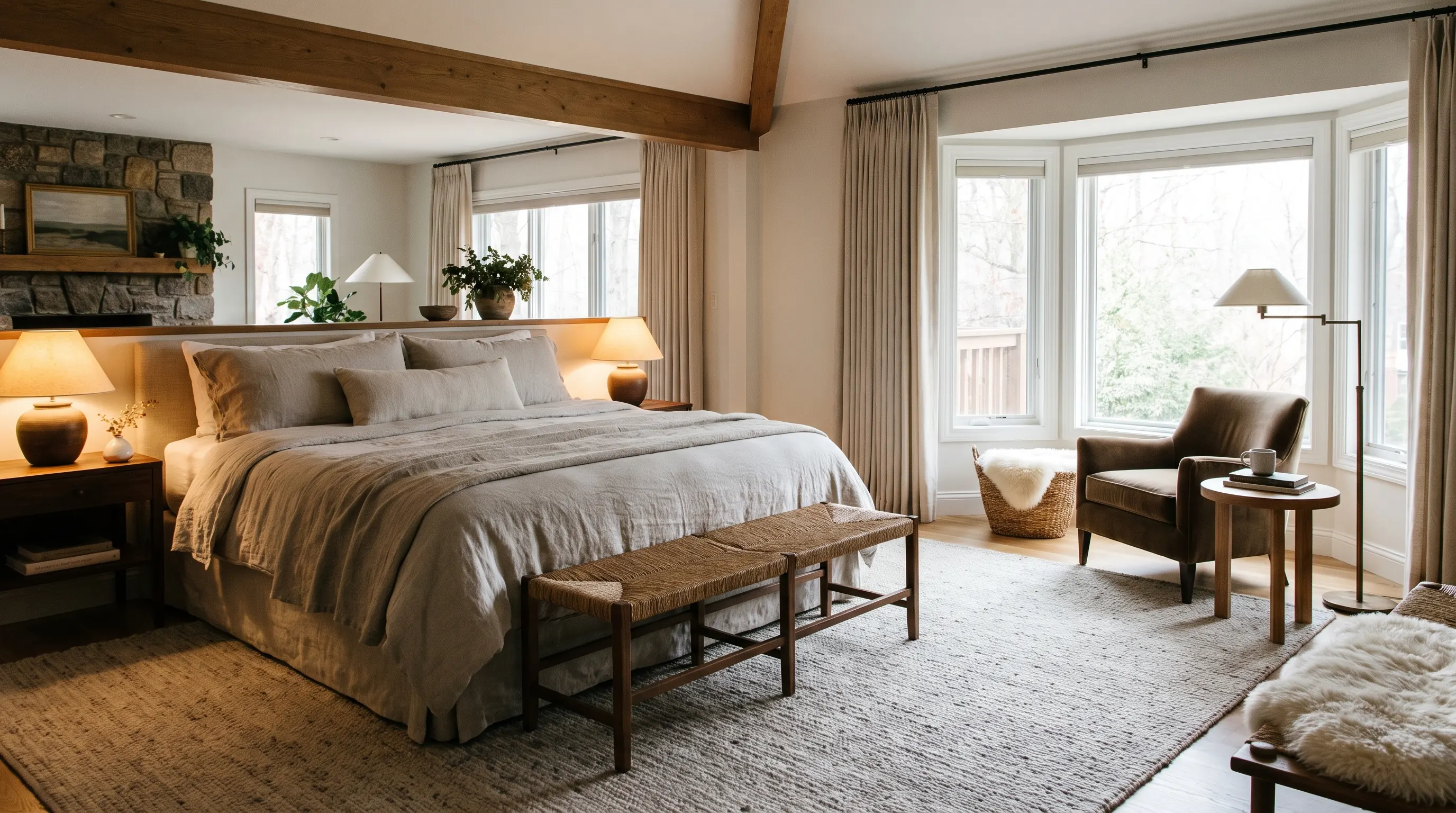 Large primary bedroom with separate sleeping zone and comfortable seating area