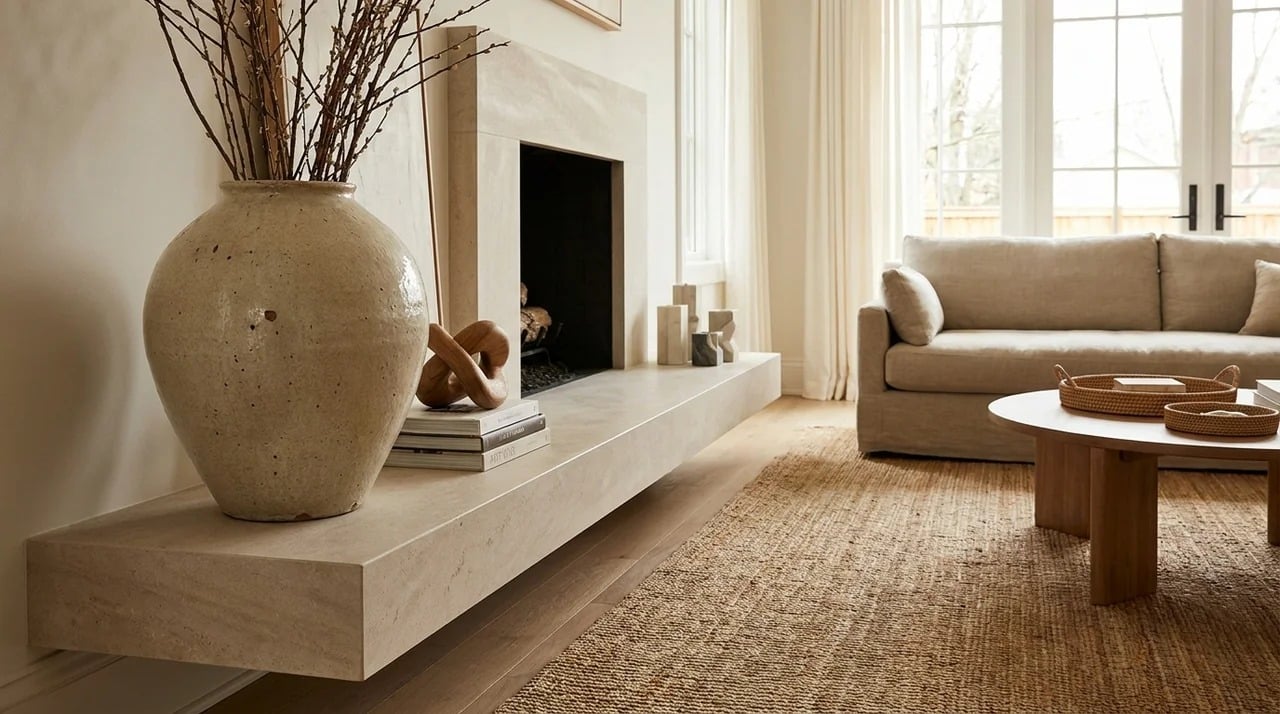 Fireplace mantel decorated with a large statement vase.