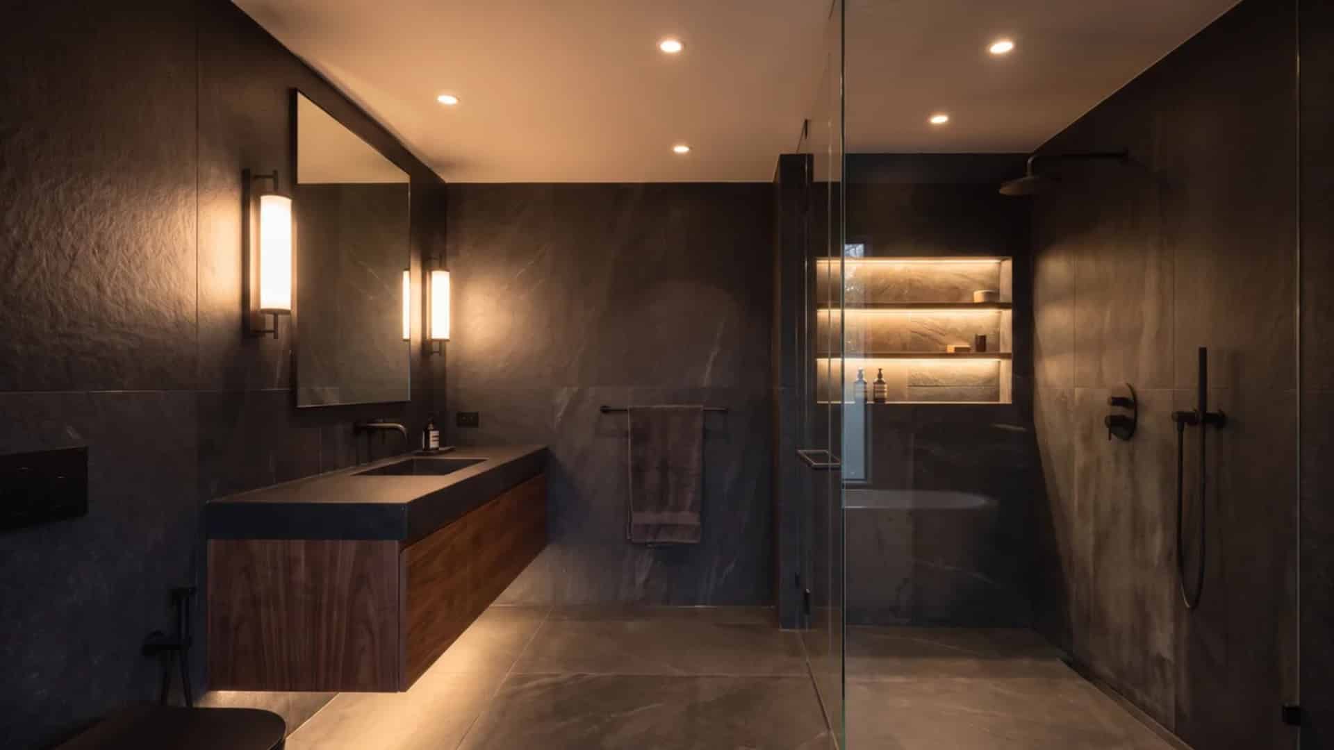 layered lighting with dark walls in dark bathroom