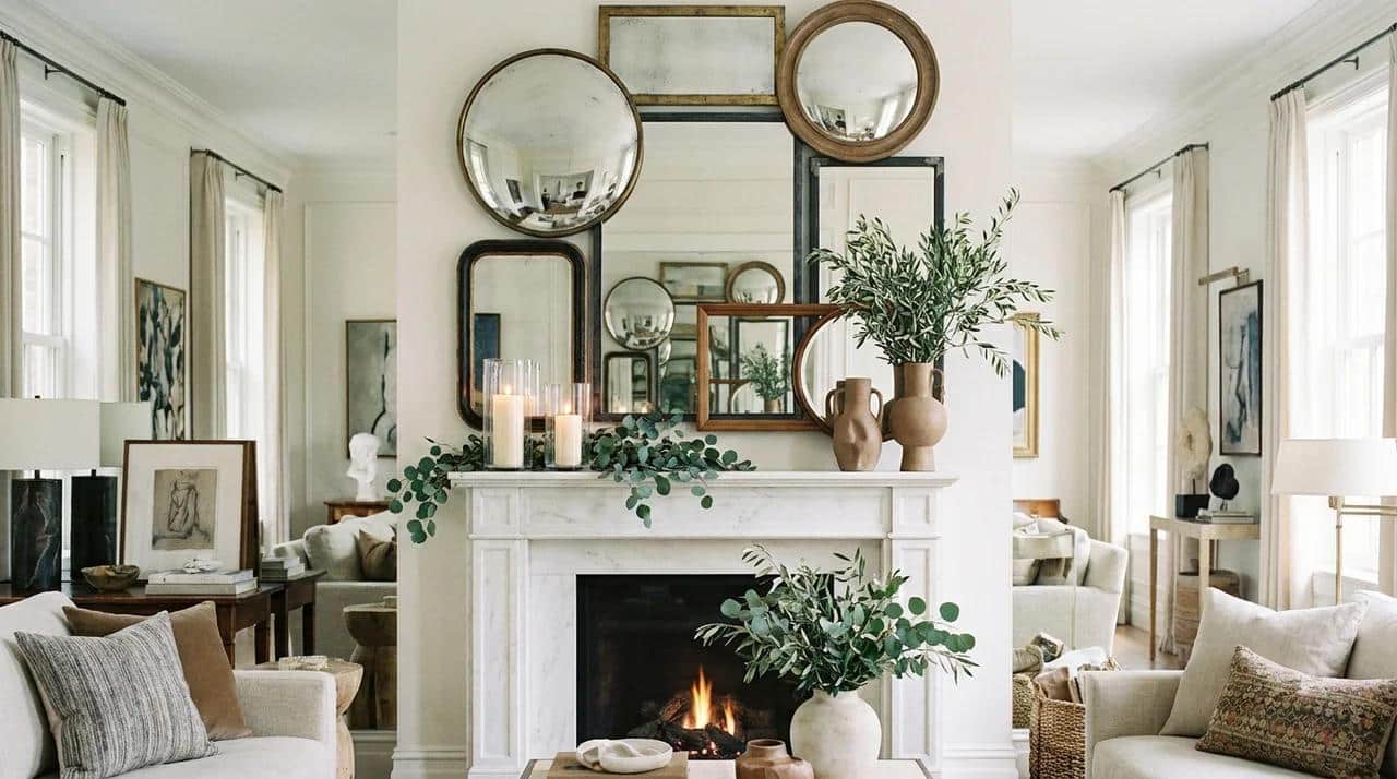 White fireplace mantel styled with an arrangement of layered framed mirrors, candles, greenery, and decorative vases.