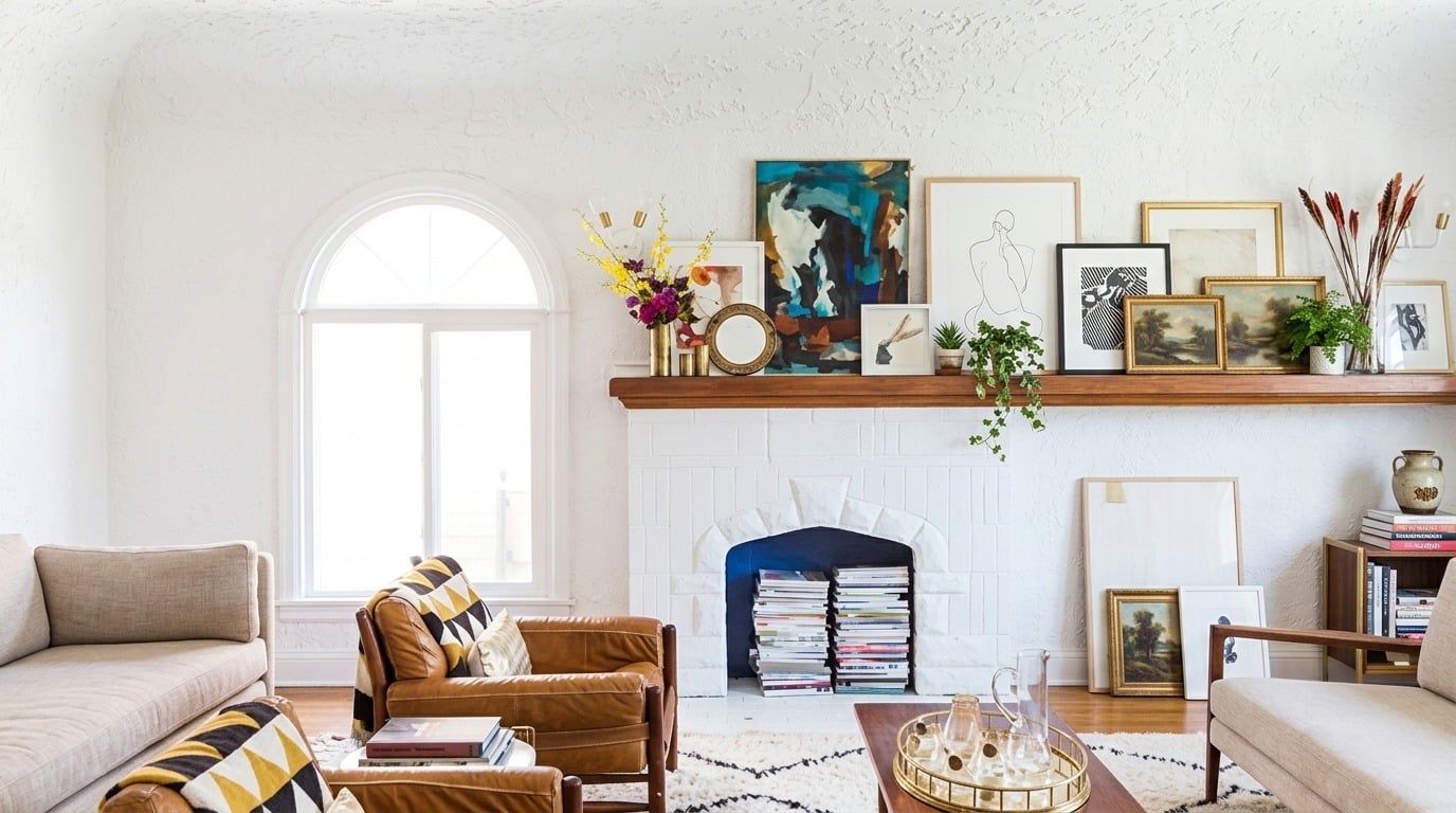Fireplace mantel styled with layered leaning artwork.