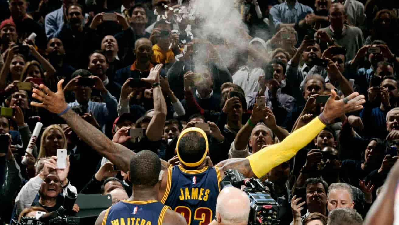 LeBron James celebrating during his return to the Cleveland Cavaliers era