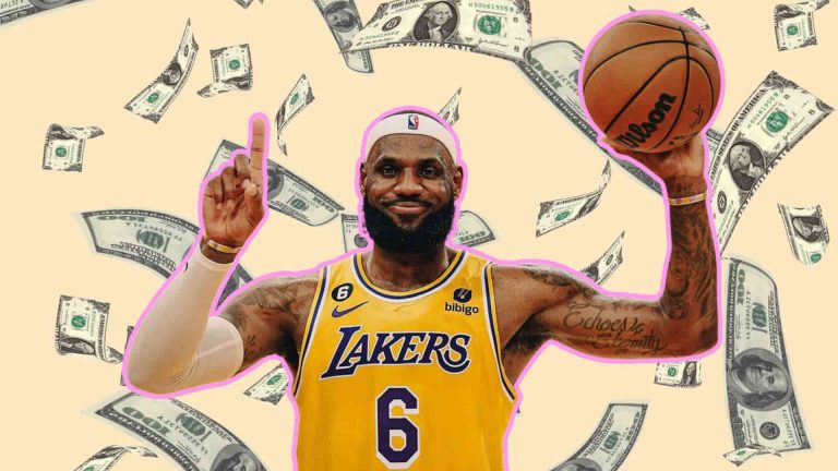 LeBron James holding a basketball with money graphics in a wealth-themed design.