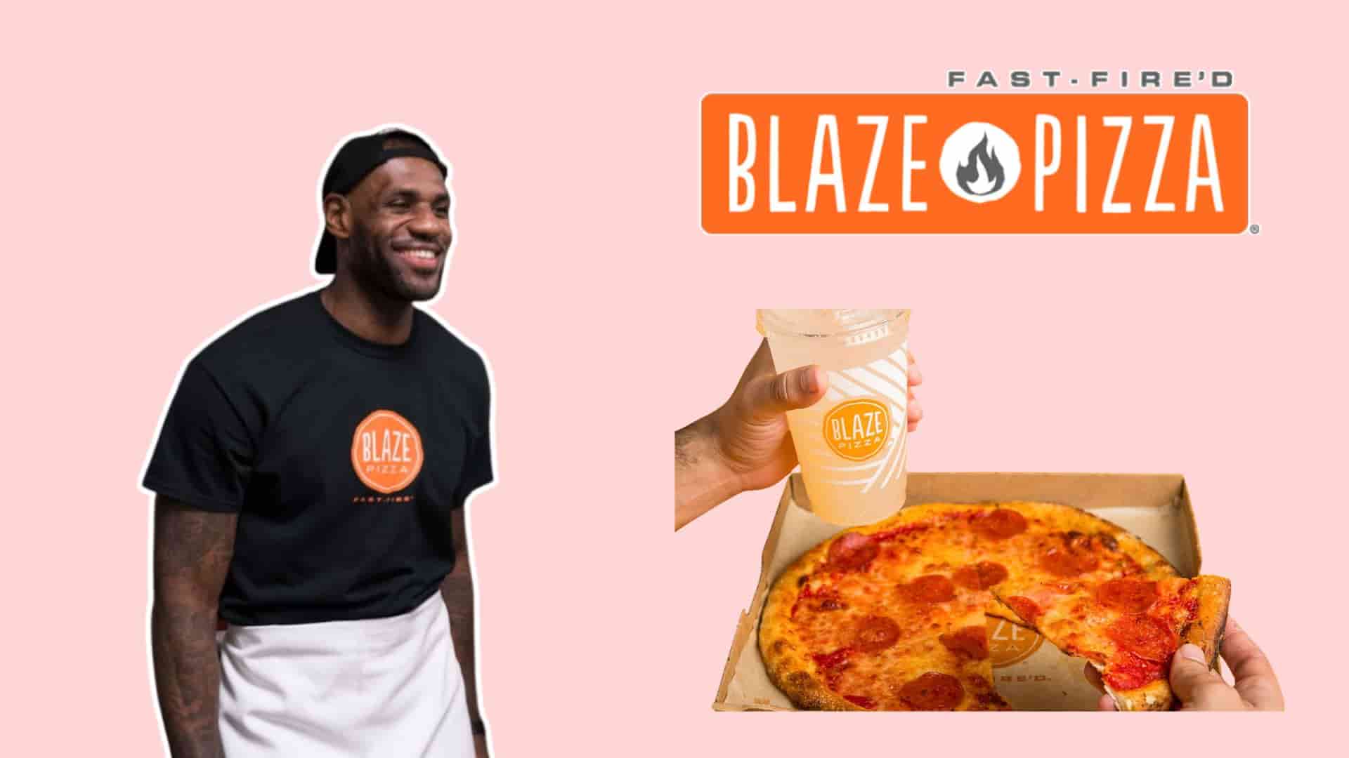 LeBron James promoting Blaze Pizza with pizza box, drink, and brand logo
