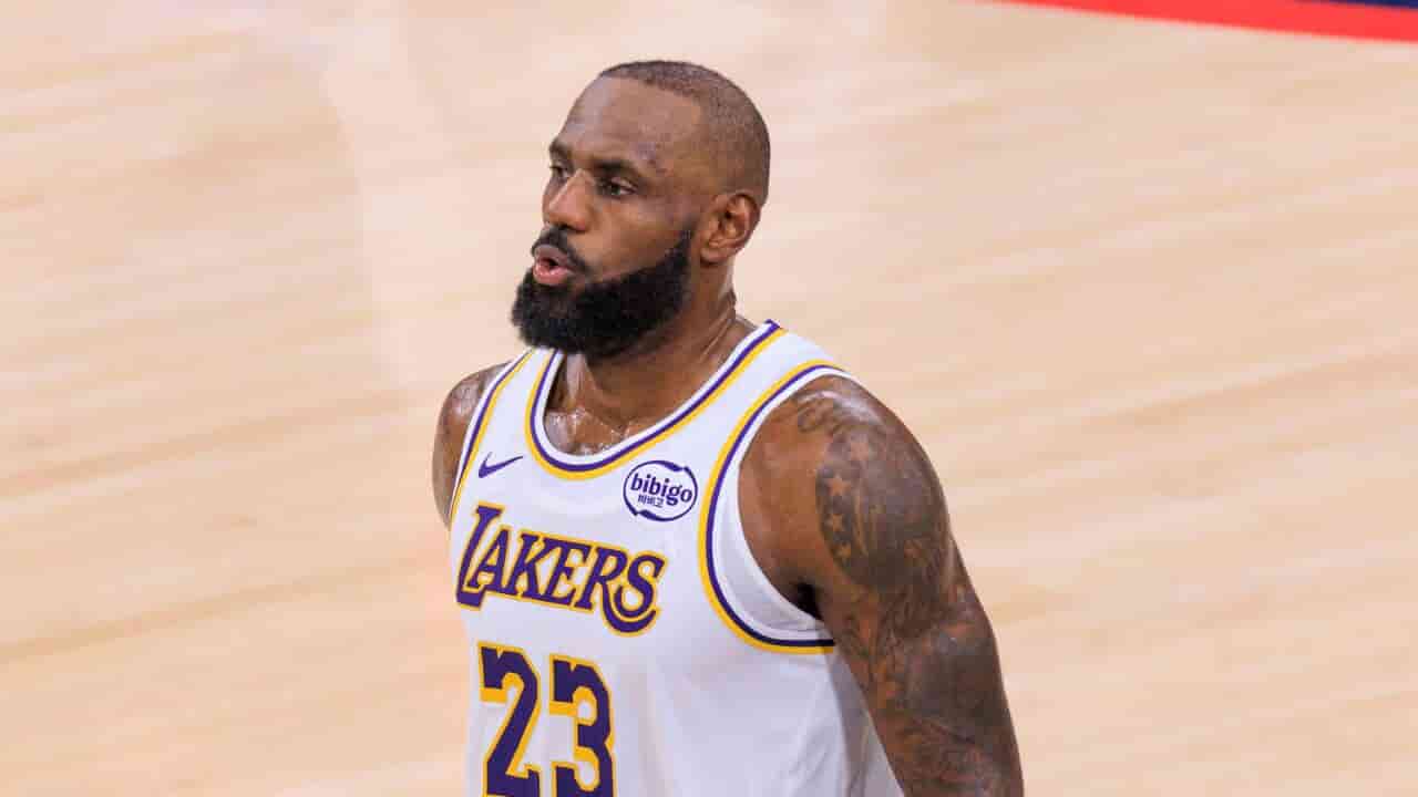 LeBron James wearing a Los Angeles Lakers jersey during an NBA game