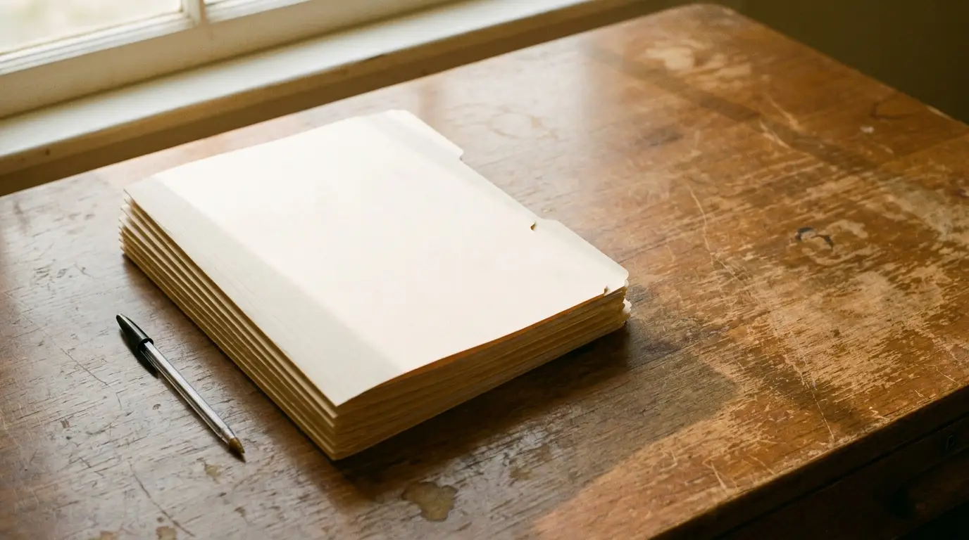 Stack of folders and black pen on rustic wooden desk in soft natural light