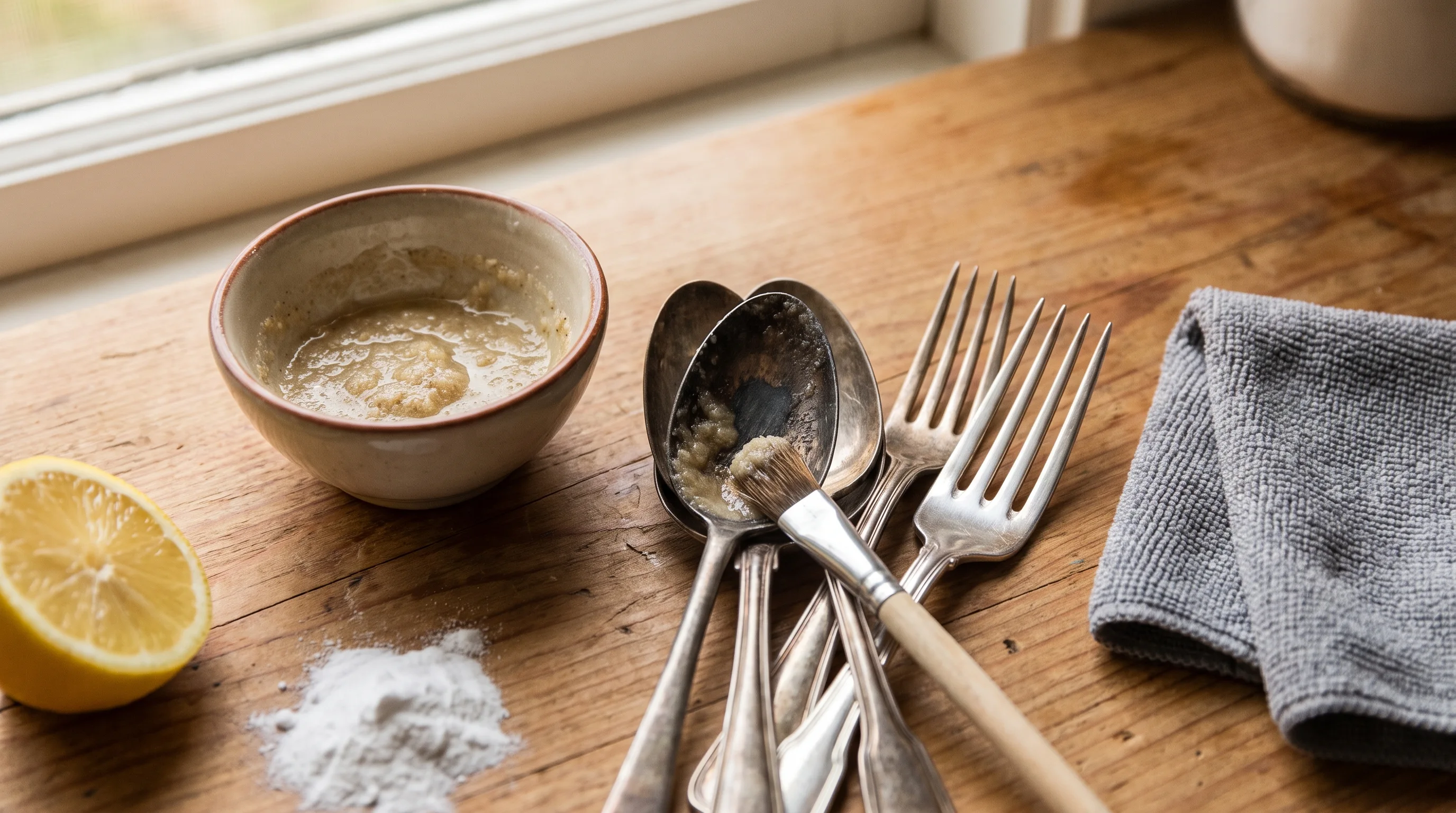 Lemon and baking soda paste used to clean small tarnished areas on silverware