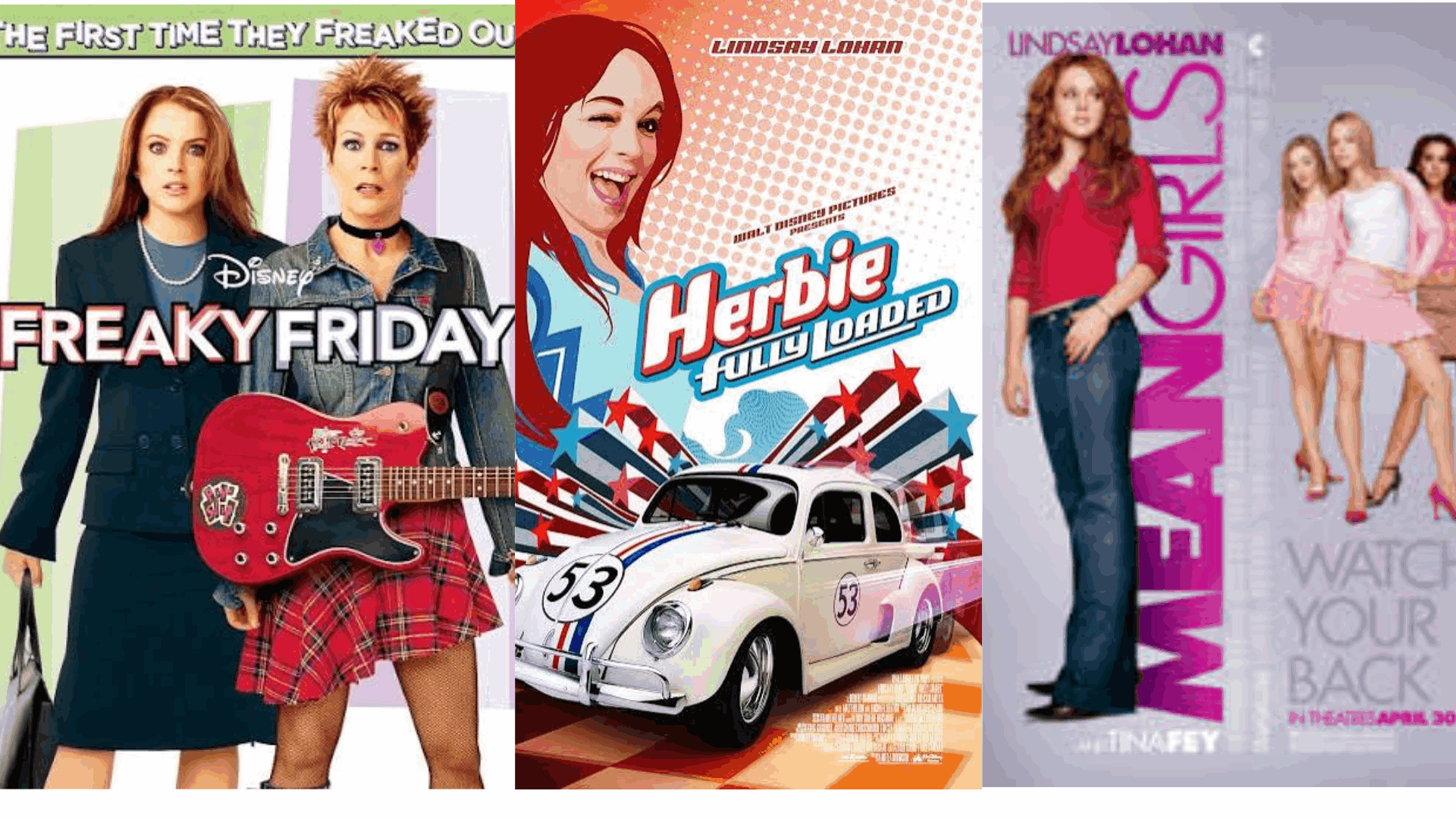 Lindsay Lohan in famous movie roles from Mean Girls, Herbie Fully Loaded, and Freaky Friday