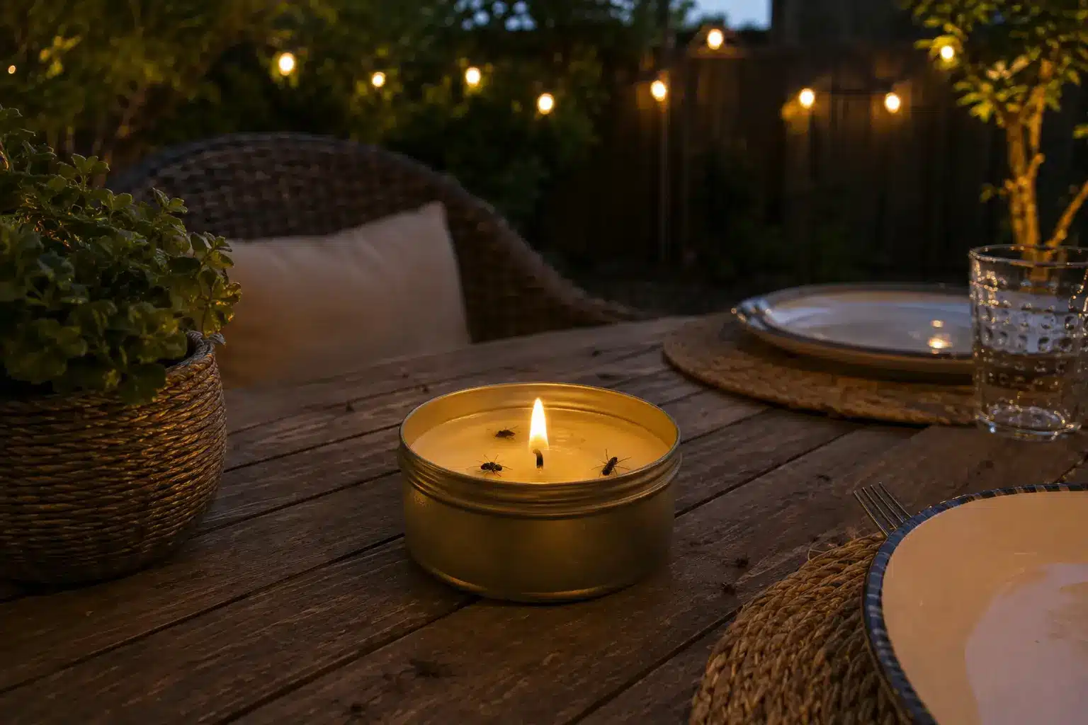lit citronella candle with dead flies on the wax, placed on an outdoor patio dining table at night