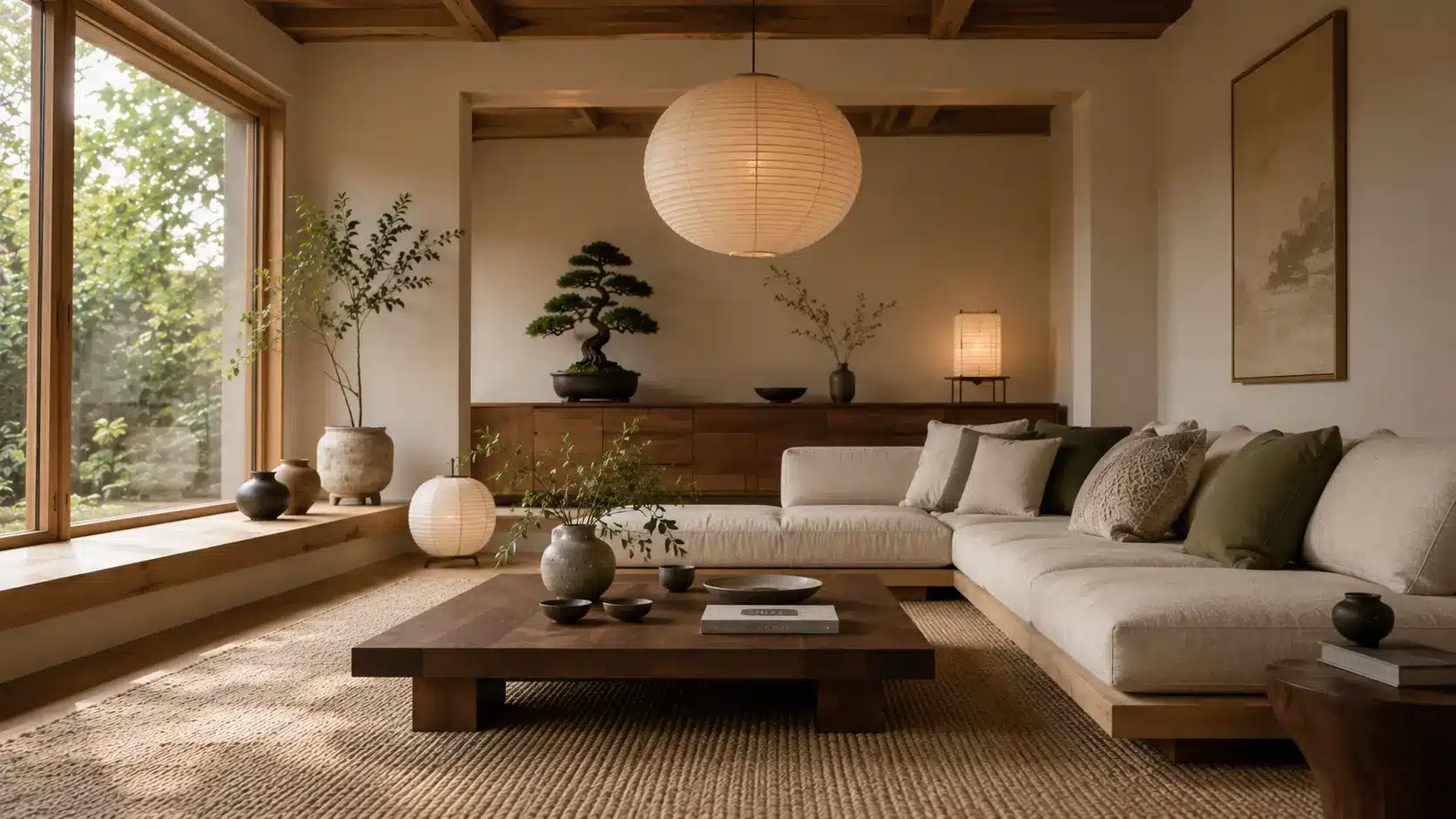 Modern Japandi living room with low wood furniture, paper lanterns, bonsai, neutral decor, and large windows overlooking greenery.
