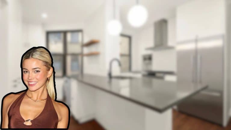 Livvy Dunne in a brown halter top shown beside a blurred modern kitchen interior.