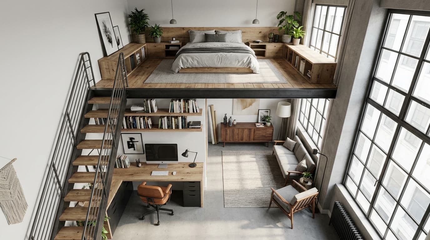Studio apartment layout with loft bed creating extra floor space for work and storage.