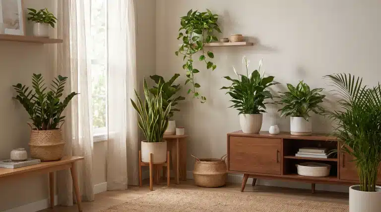 Low light plants including snake plant, pothos, and ZZ plant arranged in a cozy indoor space with soft natural light.