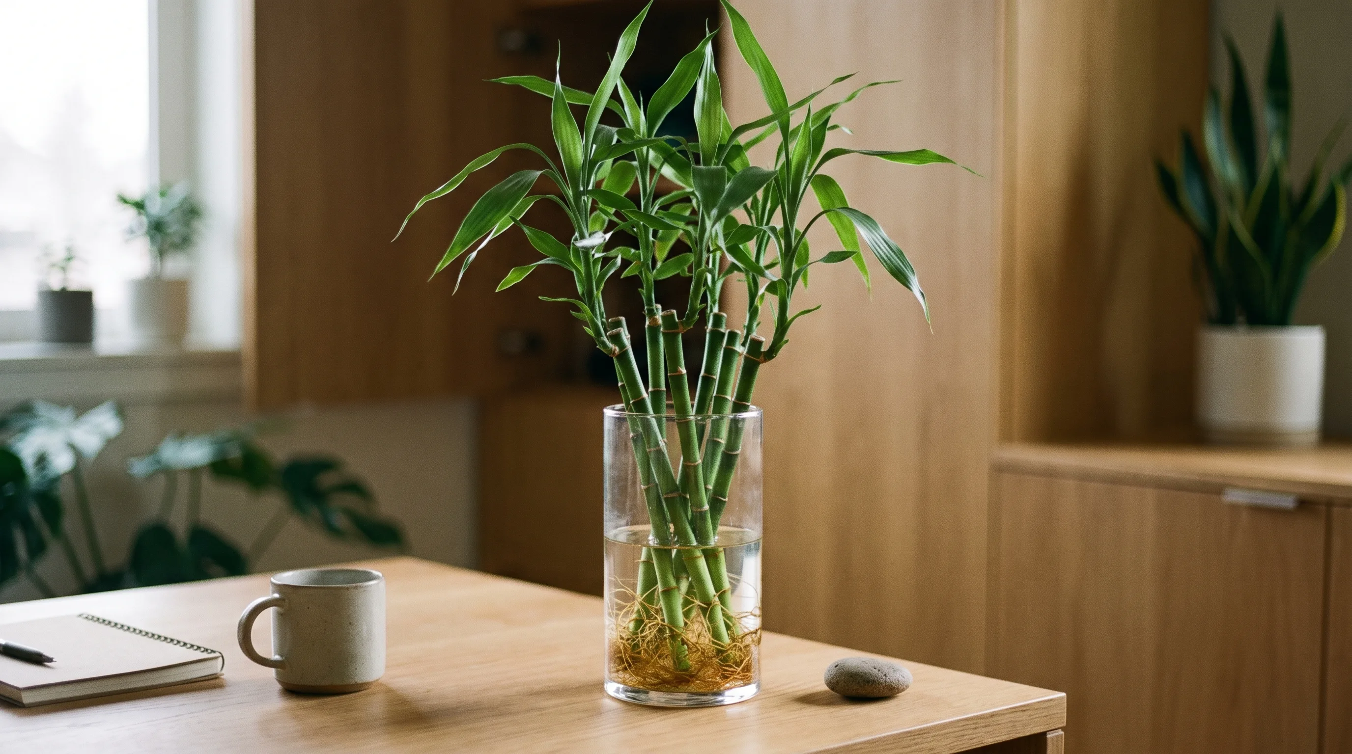 Lucky bamboo growing in water on an office desk with indirect light