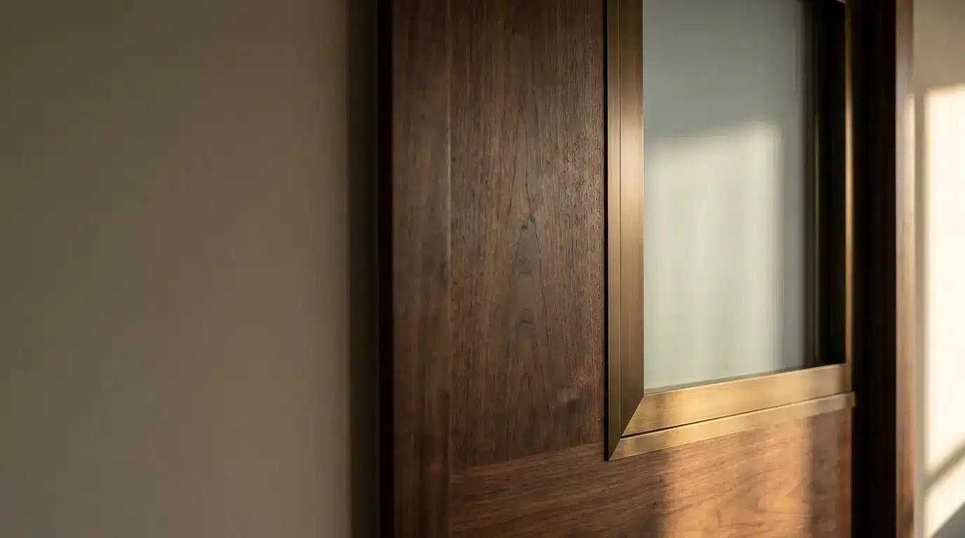 Close-up of a wooden door with brass frame and frosted glass panel in soft light
