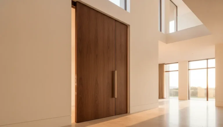 Large wooden sliding doors in a spacious modern interior with natural light and large windows
