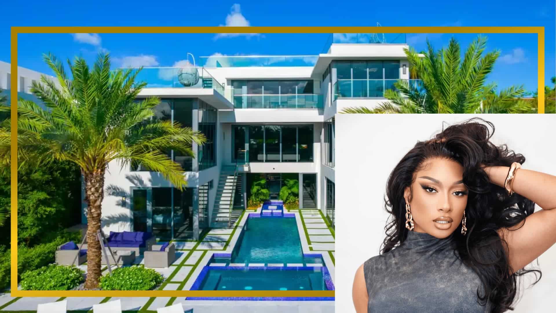 Luxury modern house exterior with Megan Thee Stallion lifestyle graphic overlay