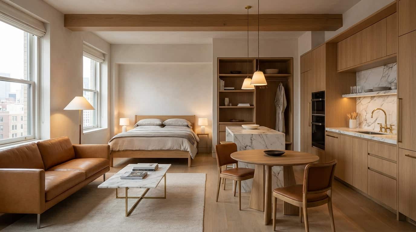 Luxury studio apartment layout with marble kitchen island, leather sofa, and premium wood finishes.