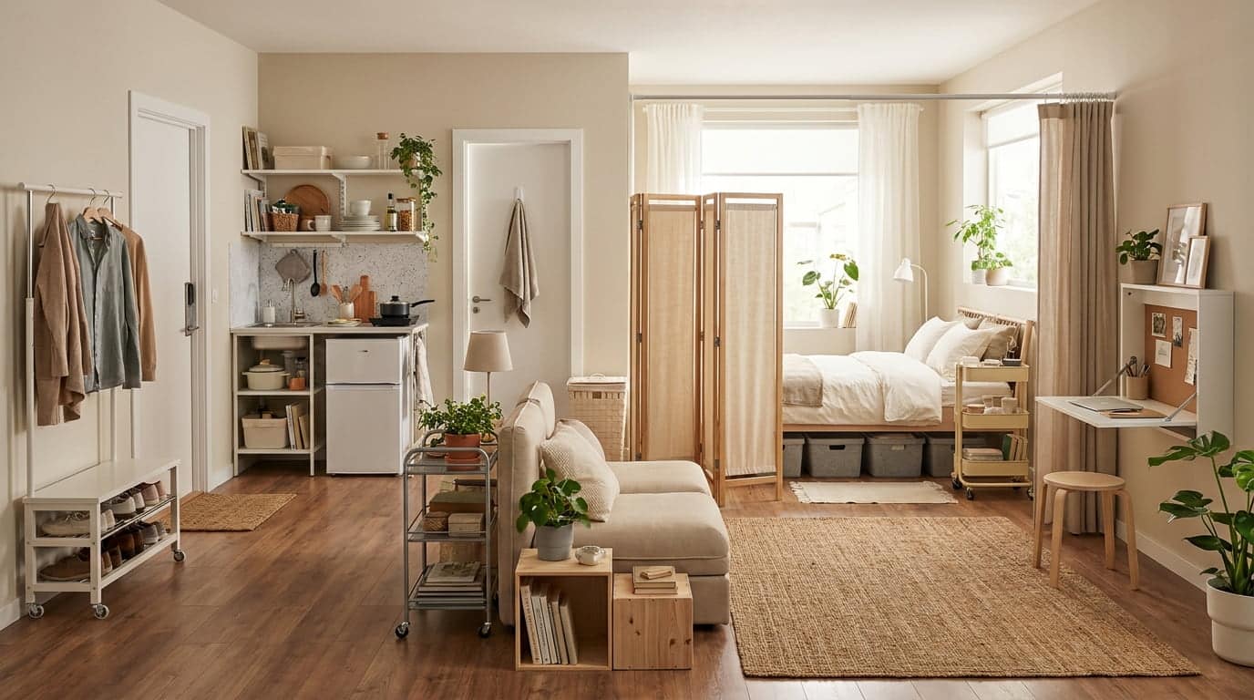 Renter-friendly studio apartment layout with flexible furniture, storage solutions, and removable room divider.