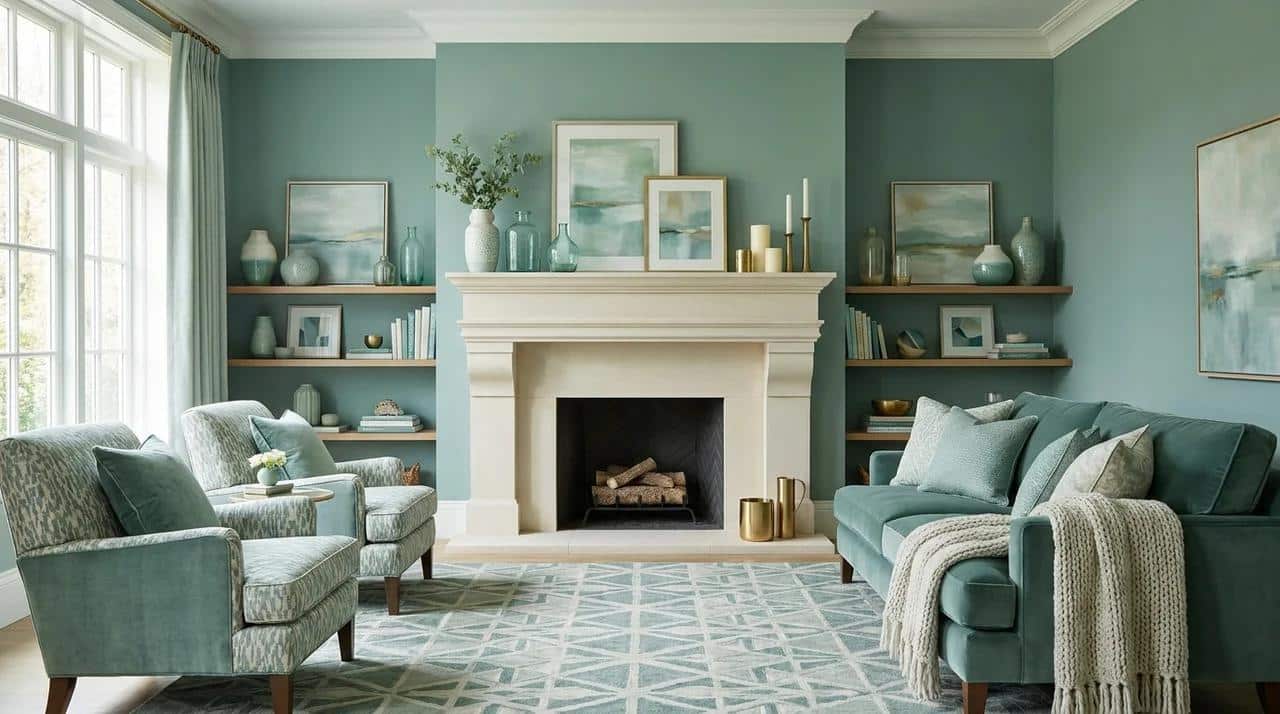 Fireplace mantel decorated to match the living room color palette.