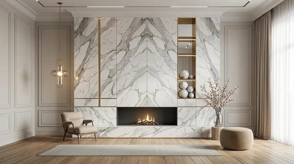 Luxury marble fireplace wall with natural veining and an elegant contemporary interior.