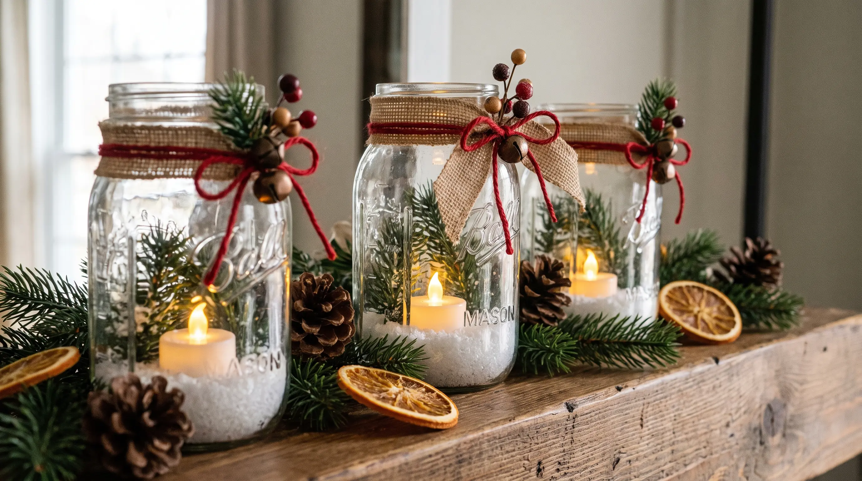 Mason jar Christmas lanterns with greenery and LED candles