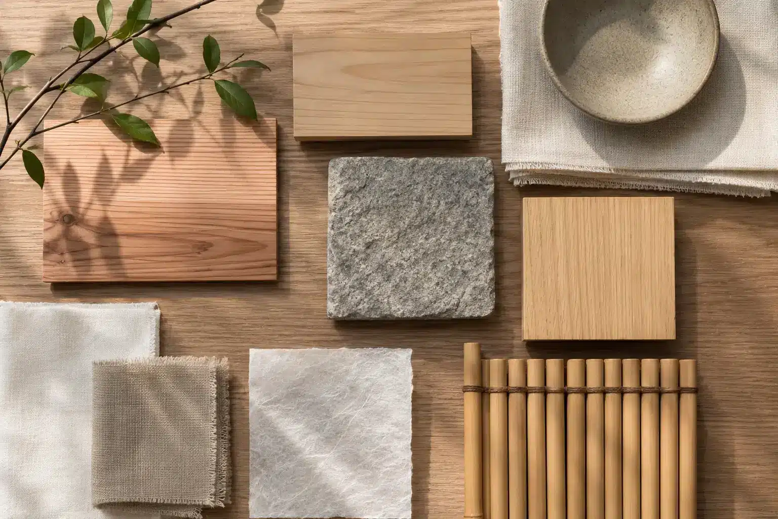 Flat lay of Japanese interior design materials featuring natural wood, stone, bamboo, linen, handmade paper, and ceramic.