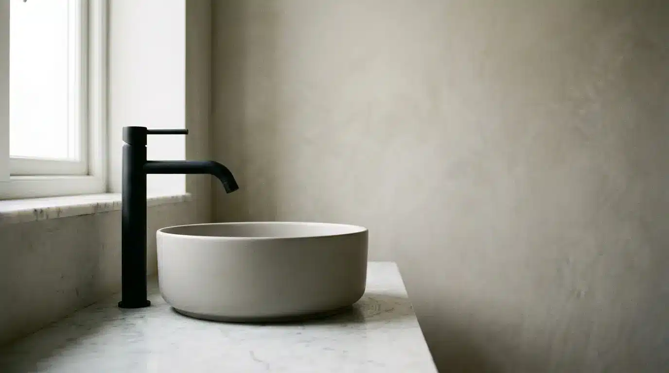 Minimalist bathroom sink with matte black faucet on marble countertop near window