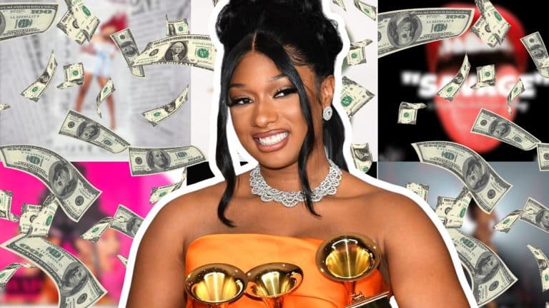 Megan Thee Stallion wearing an orange outfit with dollar bills surrounding her in a wealth-themed graphic