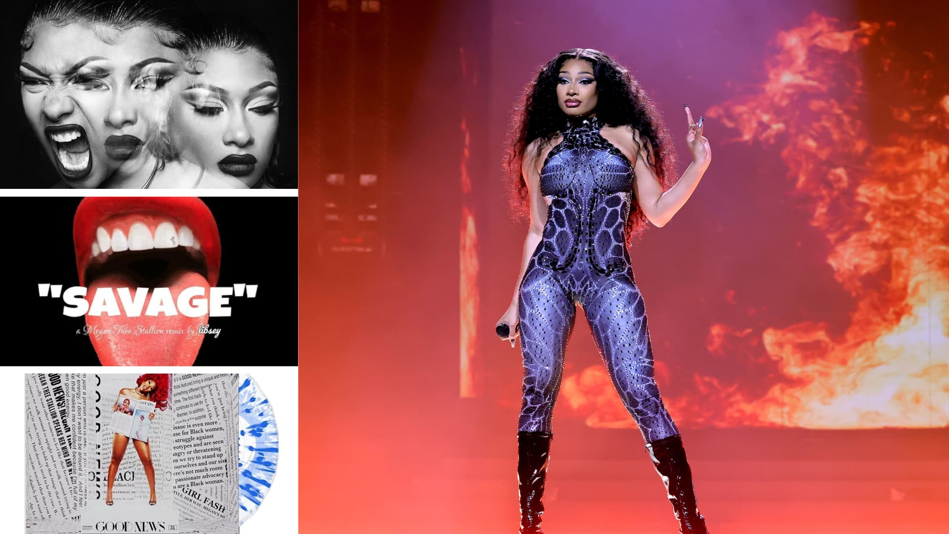 Megan Thee Stallion performing on stage with album and music career visuals