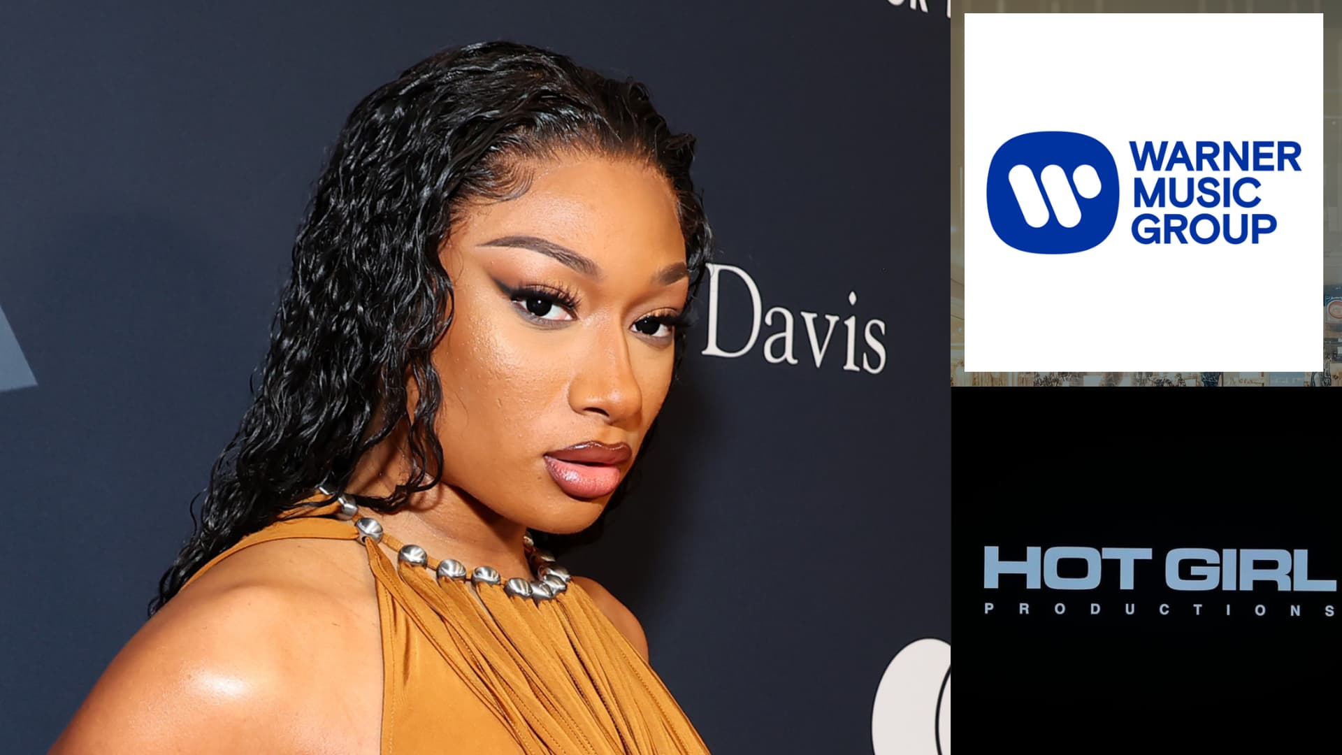 Megan Thee Stallion portrait with Hot Girl Productions and Warner Music Group logos