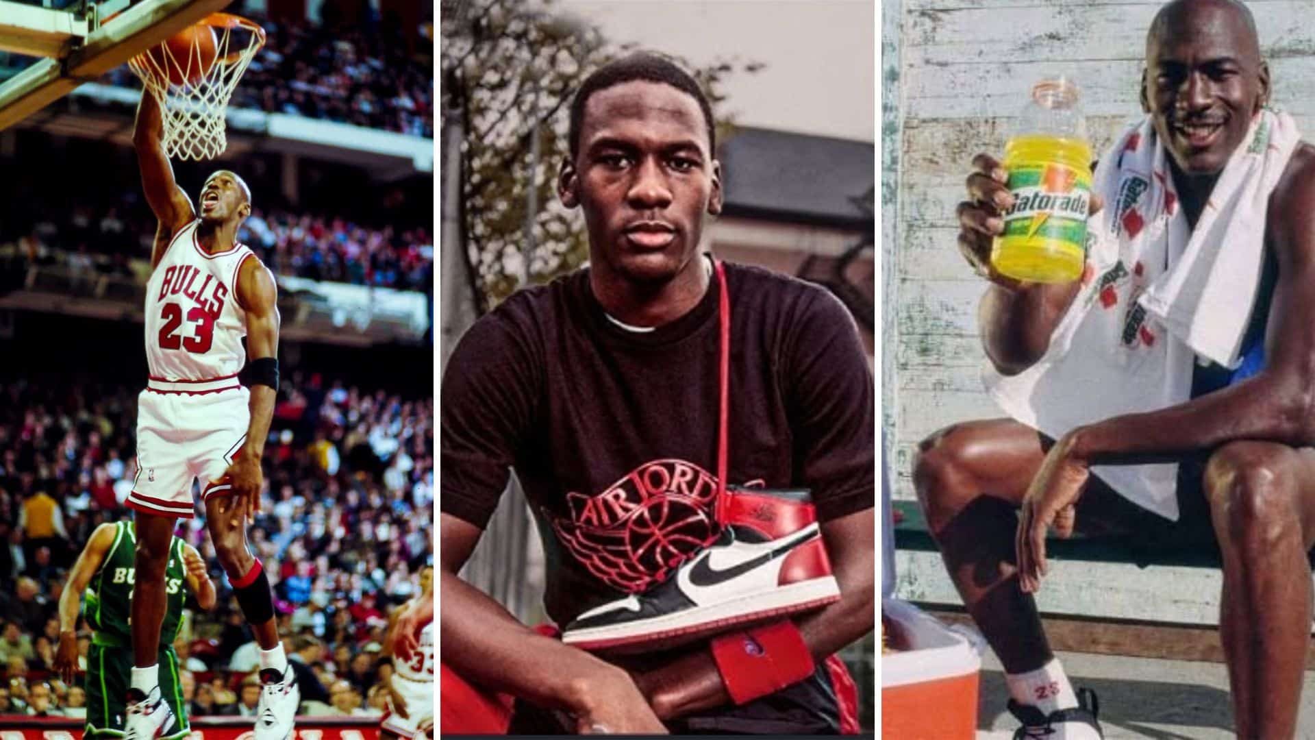 michael jordan shown dunking, holding a signature sneaker, and posing with a sports drink