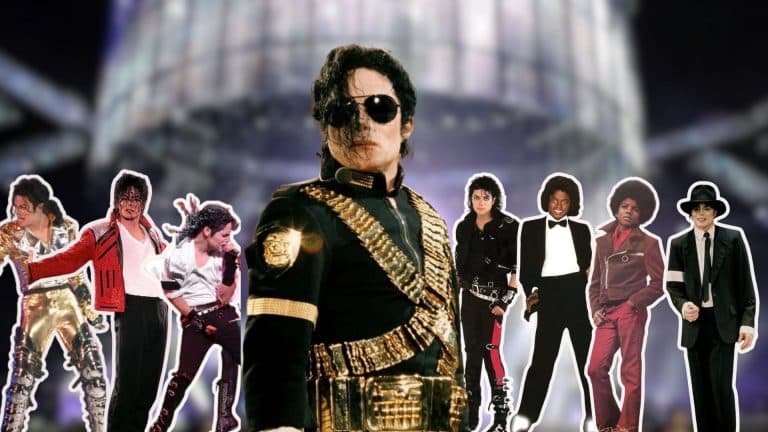 Michael Jackson career collage showing different eras from his music journey with stage performance cutouts and a blurred concert background.
