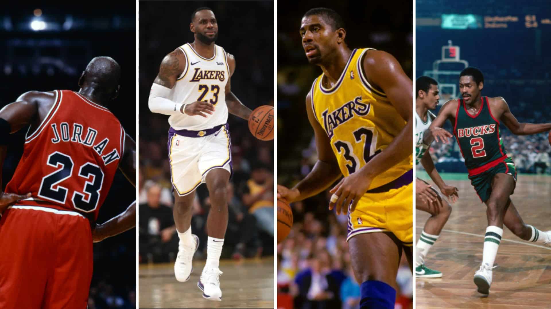 Michael Jordan, LeBron James, Magic Johnson, and Junior Bridgeman shown in basketball action photos.