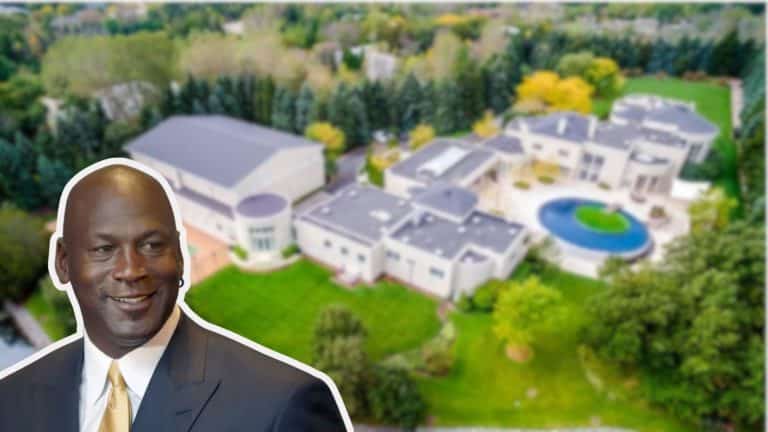 Michael Jordan in front of his large luxury estate with landscaped grounds and a swimming pool