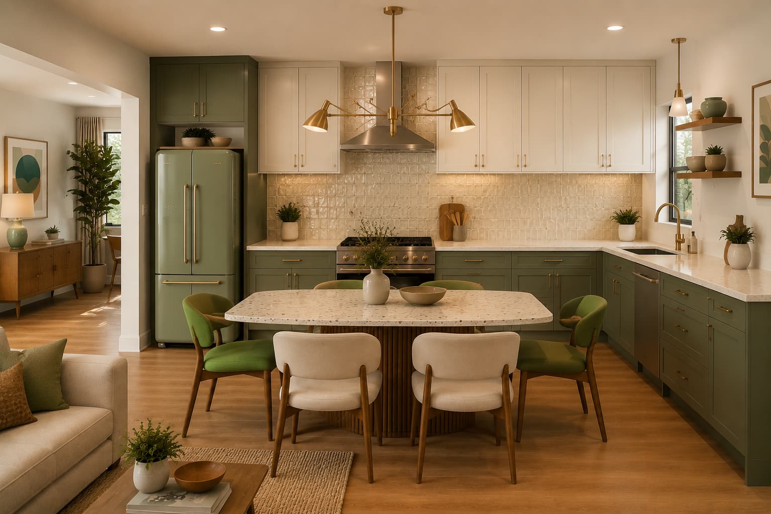 Mid-century open kitchen with warm walnut cabinet and island legs, terrazzo countertop.