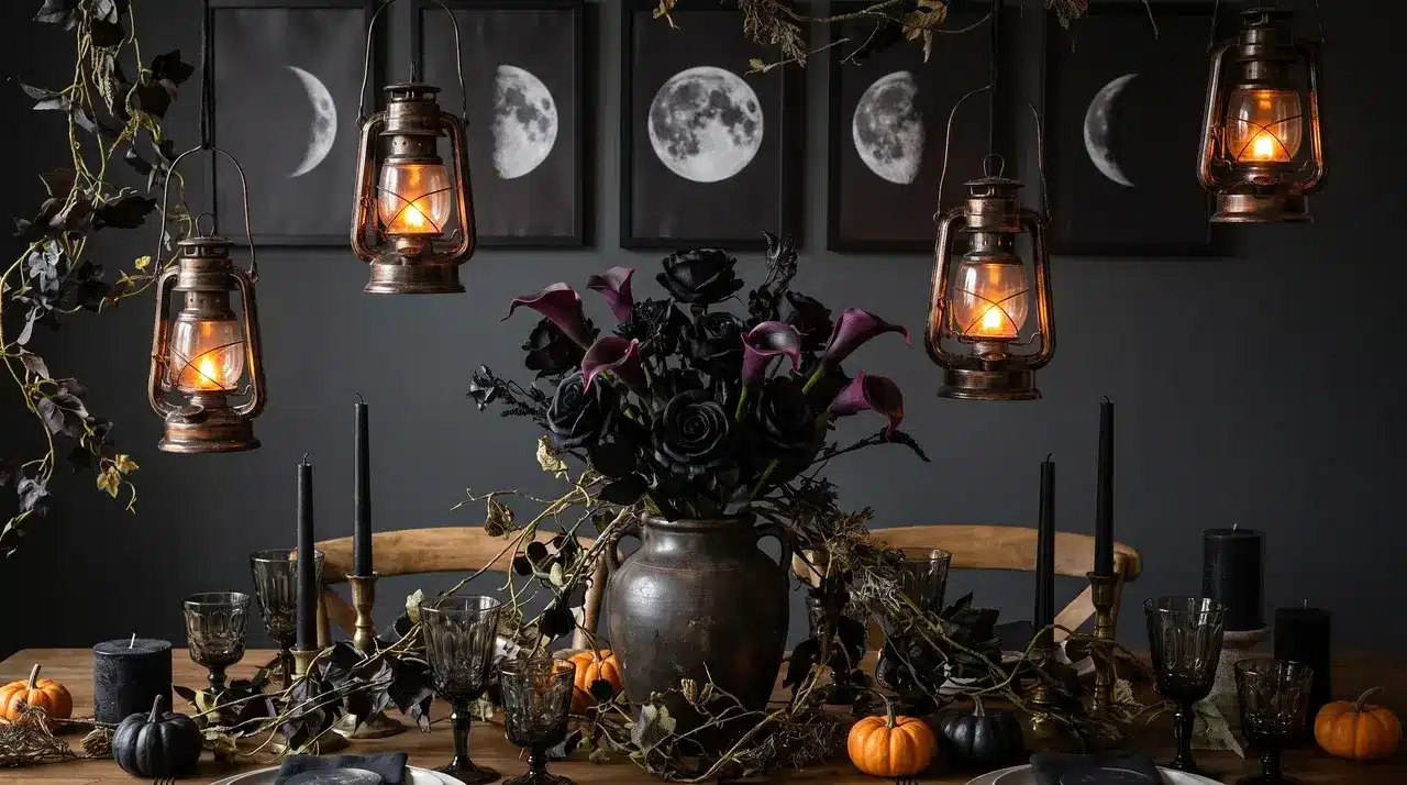 Dark botanical midnight garden Halloween party table with black roses lanterns and moon phases for a moody Halloween theme.
