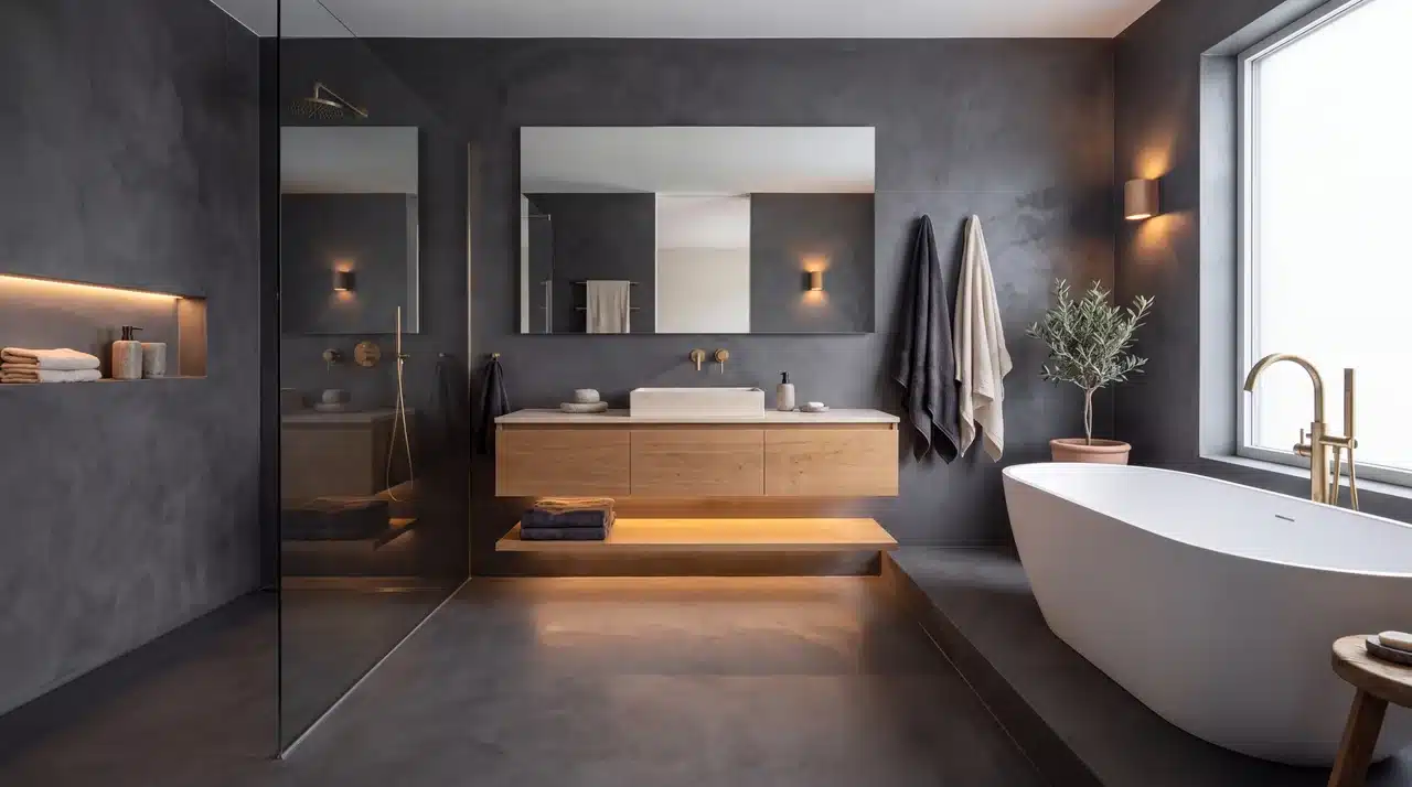 Minimal bathroom with dark concrete walls, wood vanity, and warm lighting