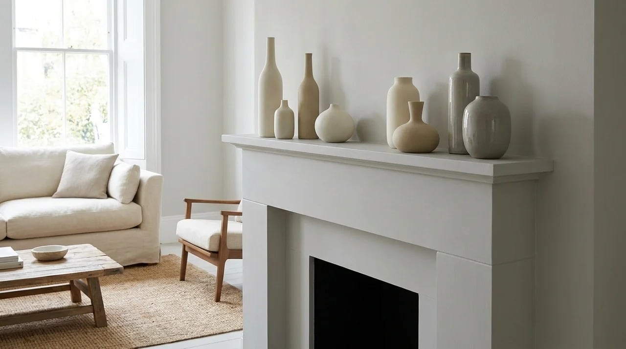 Minimal fireplace mantel decorated with ceramic vases.