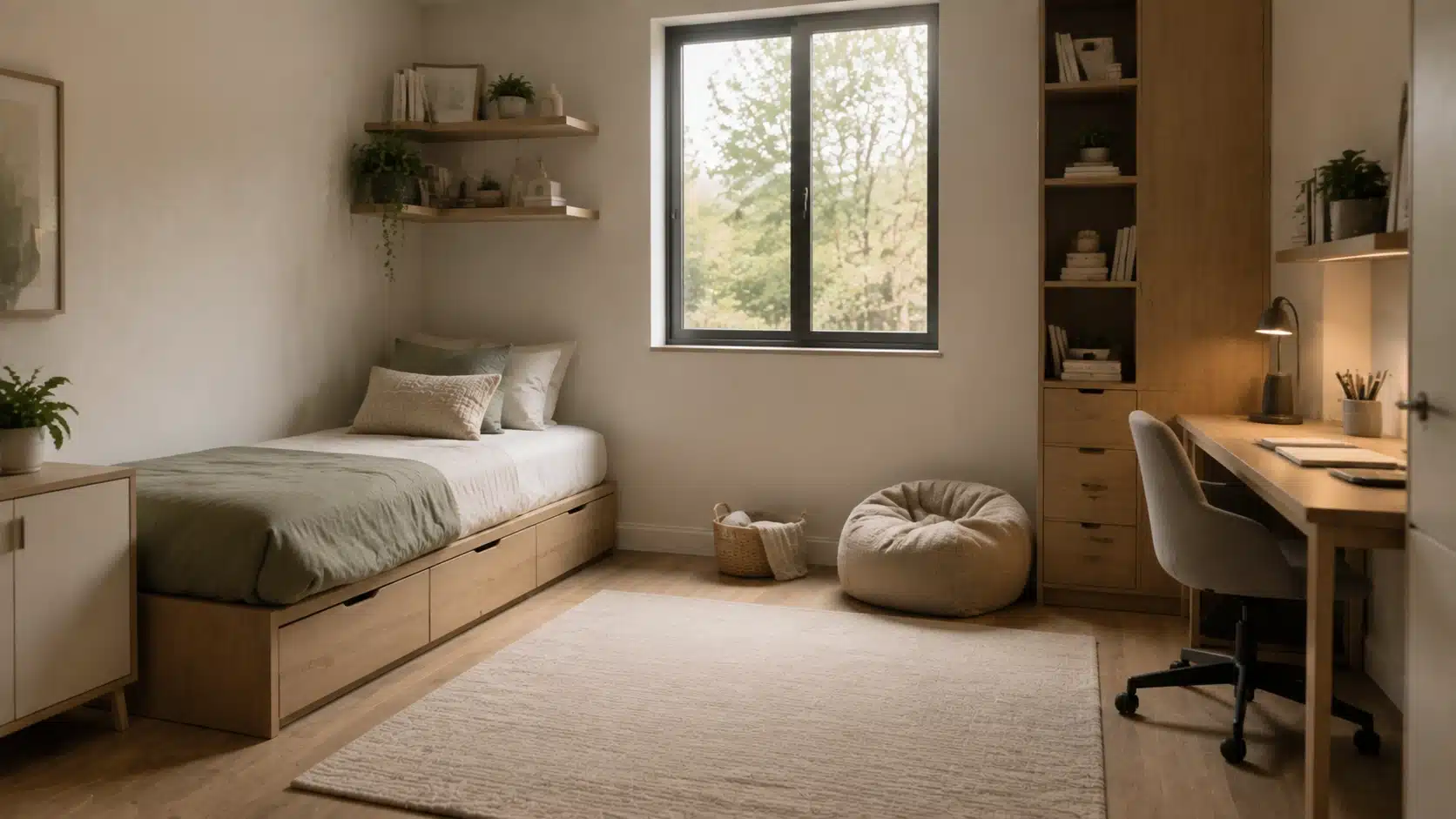 Minimal corner bed layout in a small bedroom with open floor space, wall shelves, storage, and functional modern decor