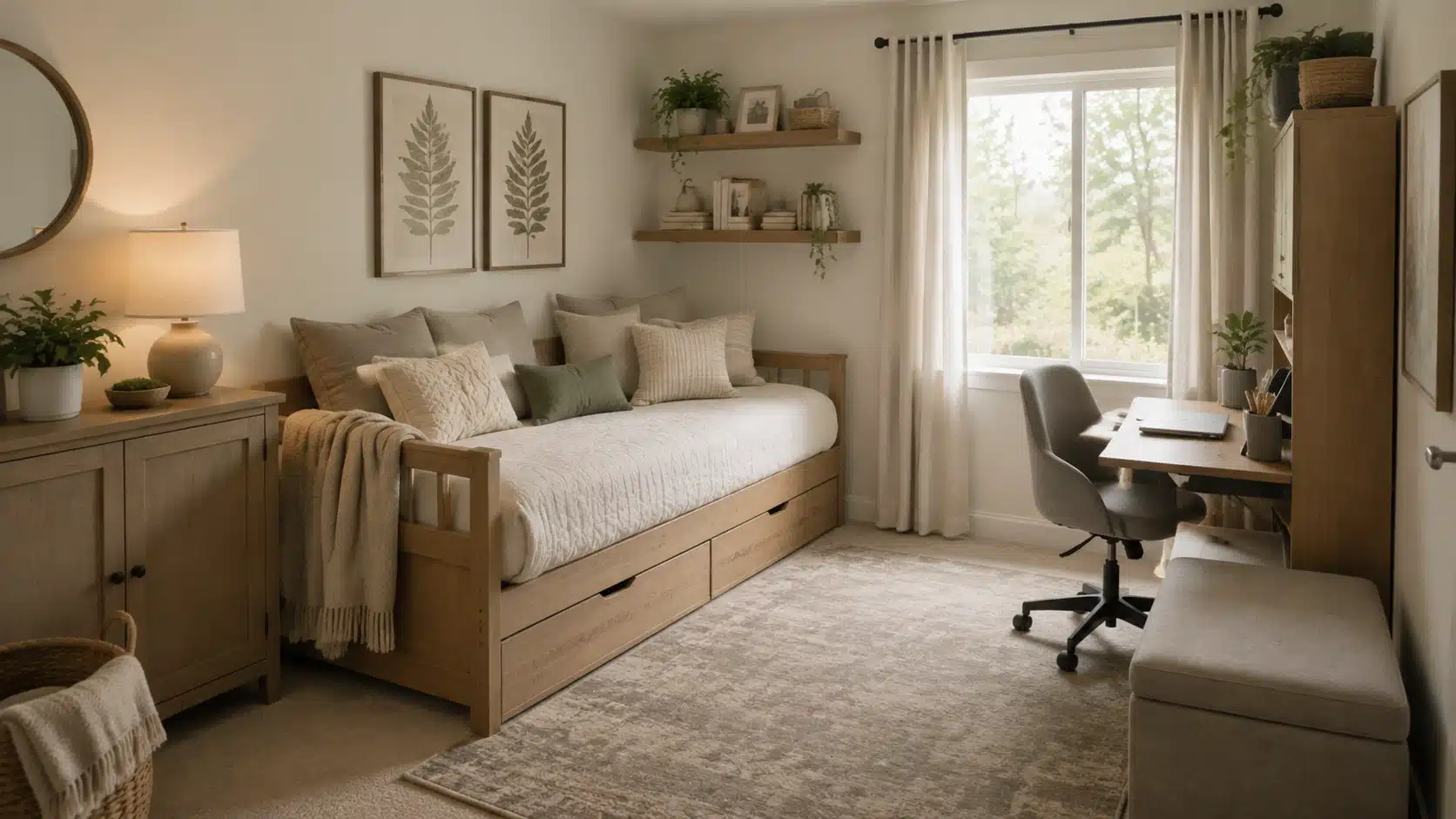 Minimal guest bedroom layout with flexible furniture, daybed, workspace, storage, and cozy neutral decor